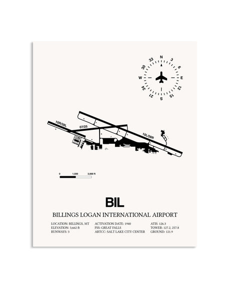 Gray Billings Logan International Airport framed poster displayed in an airplane hangar