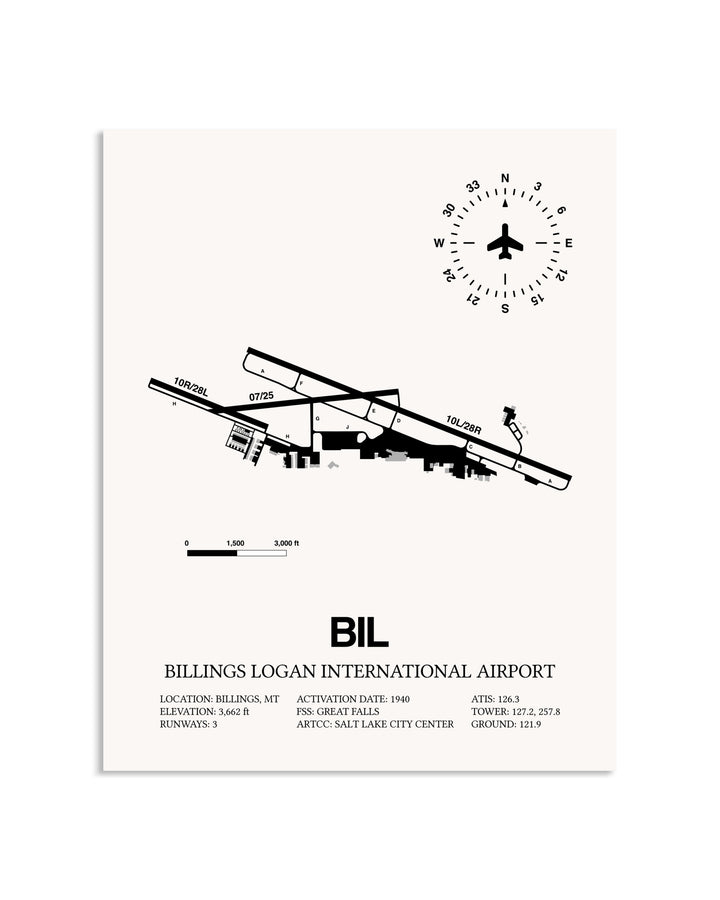 Gray Billings Logan International Airport framed poster displayed in an airplane hangar