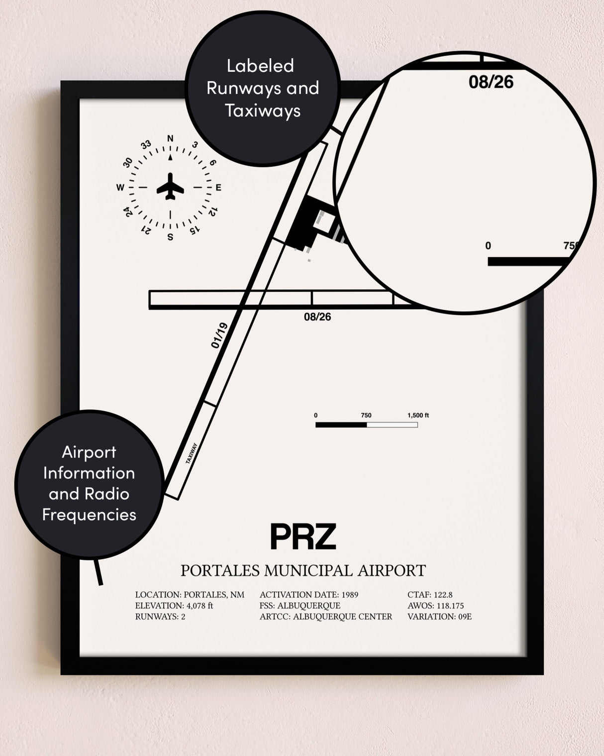Framed Portales Municipal Airport layout wall art poster