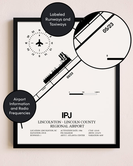 Framed Lincolnton-Lincoln County Regional Airport layout wall art poster
