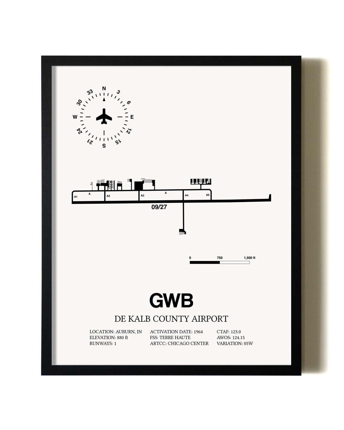 Framed De Kalb County Airport wall art poster in black frame