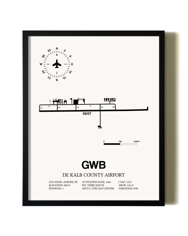 Framed De Kalb County Airport wall art poster in black frame