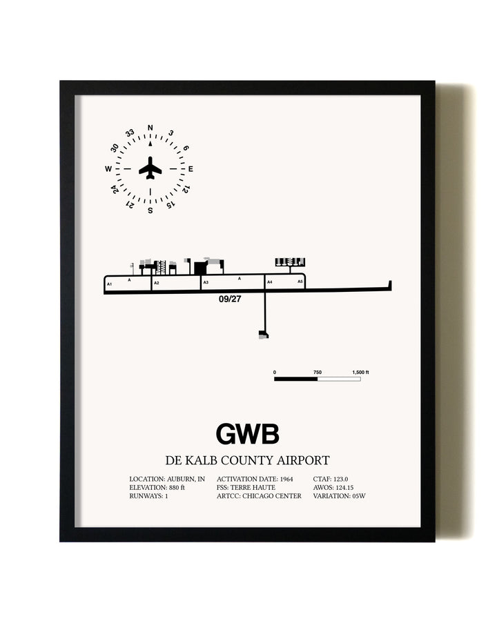 Framed De Kalb County Airport wall art poster in black frame