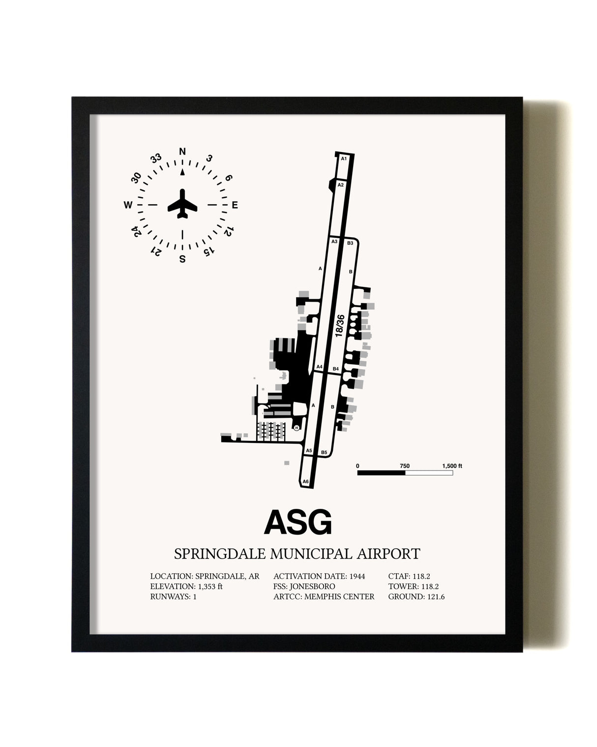 Framed Springdale Municipal Airport wall art poster in black frame