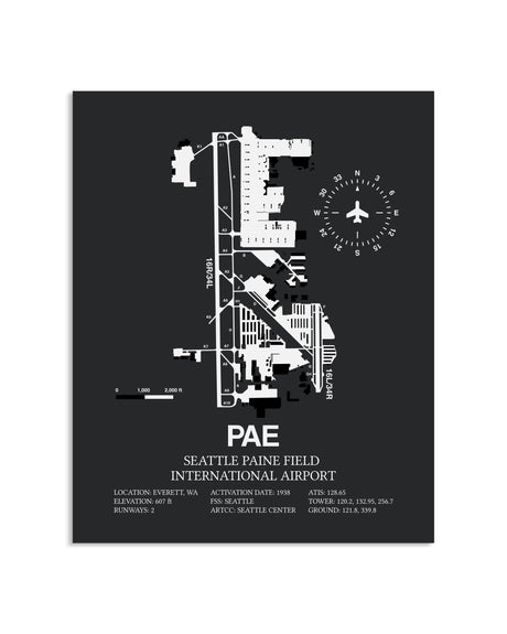 Gray Framed Seattle Paine Field International Airport layout wall art poster
