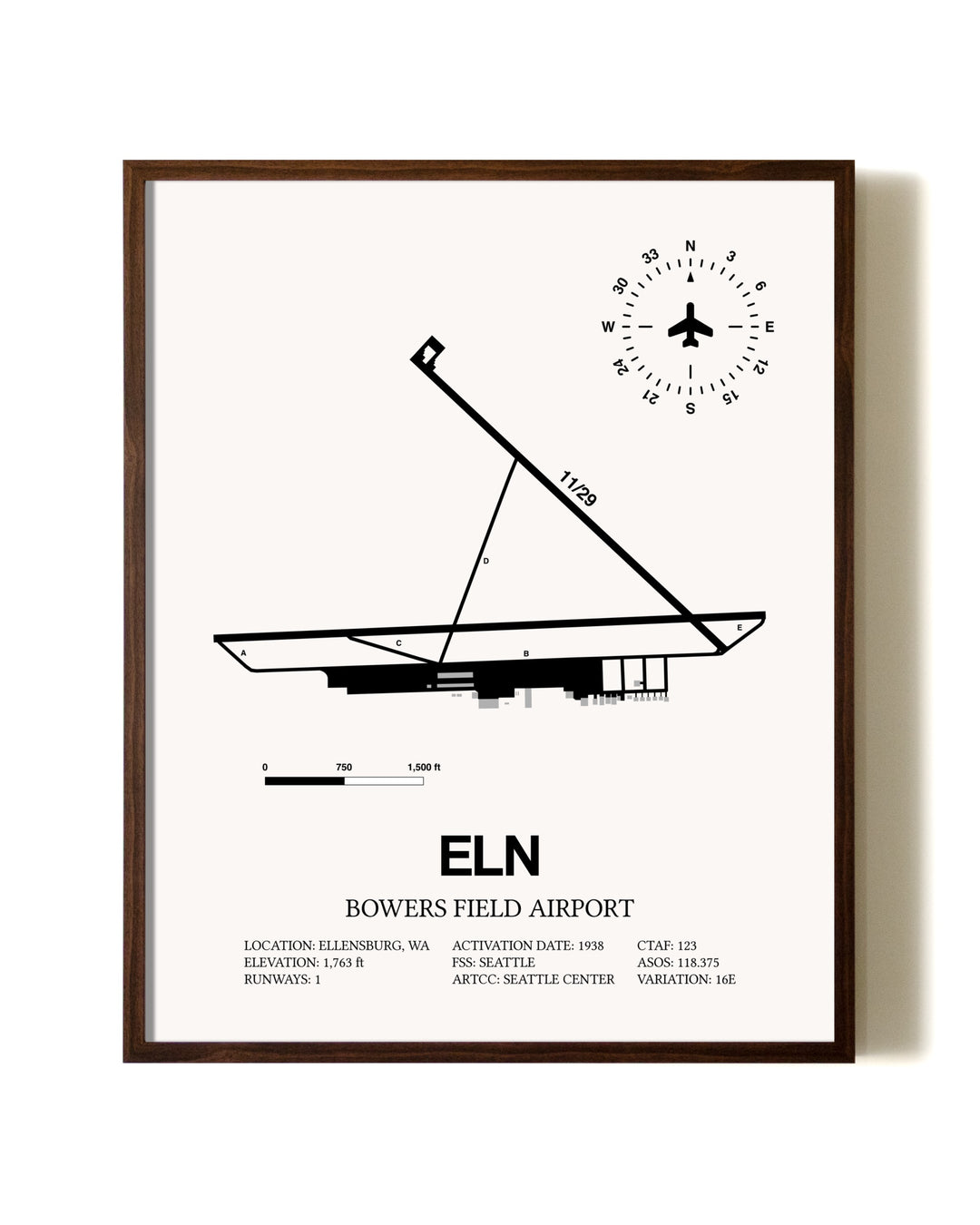 Bowers Field Airport aviation print in walnut frame