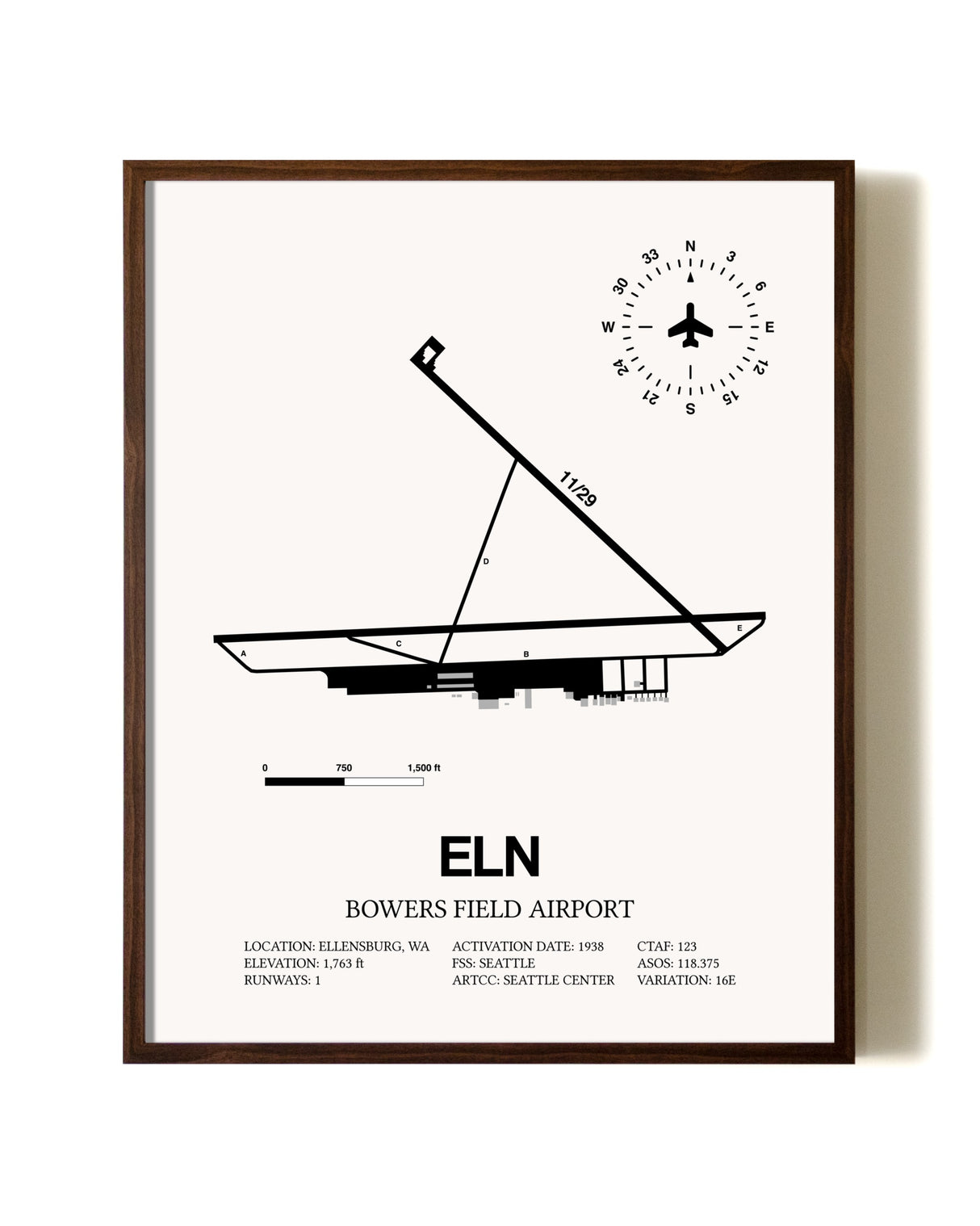 Bowers Field Airport aviation print in walnut frame