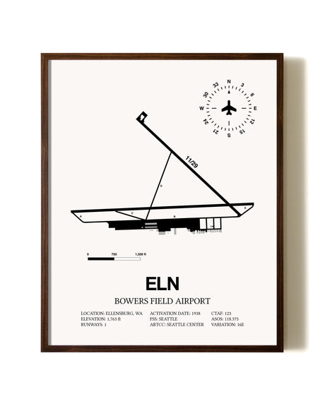Bowers Field Airport aviation print in walnut frame
