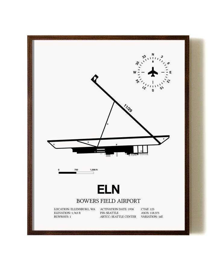 Bowers Field Airport aviation print in walnut frame