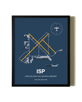 Blue and Yellow Framed Long Island Mac Arthur Airport wall art poster in black frame