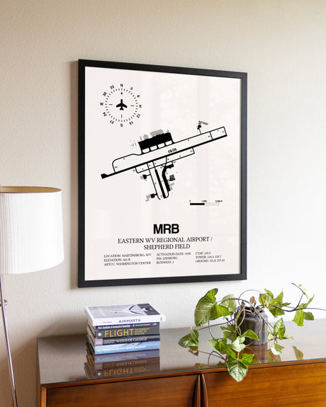 Eastern WV Regional Airport / Shepherd Field aviation wall décor in black wood frame