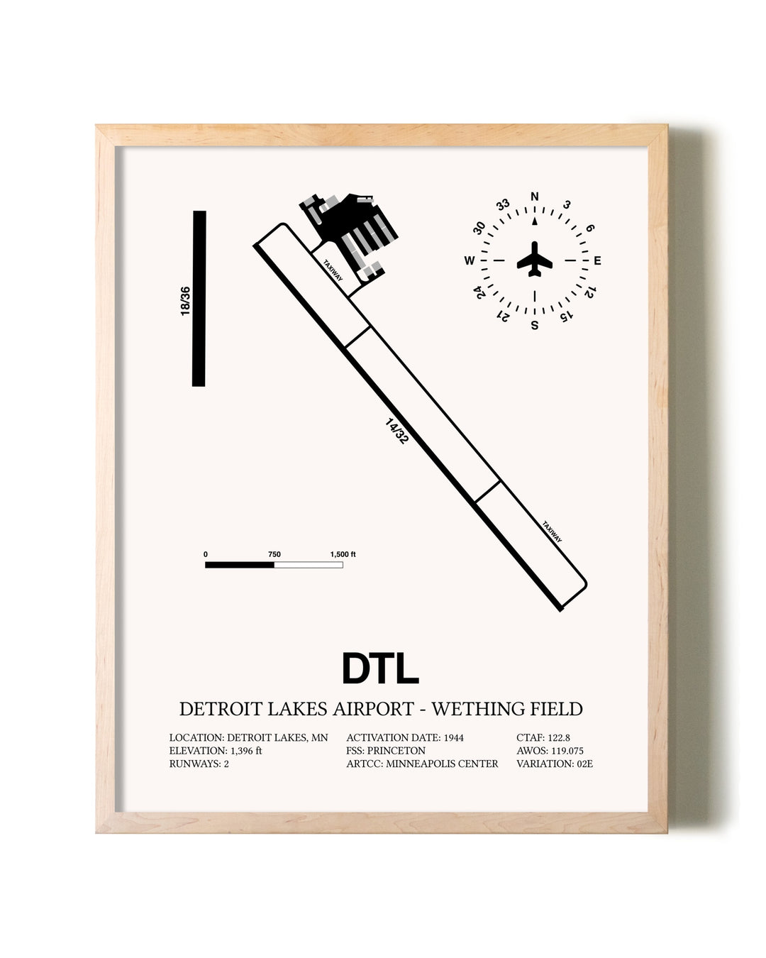 Detroit Lakes Airport-Wething Field framed wall art in white frame