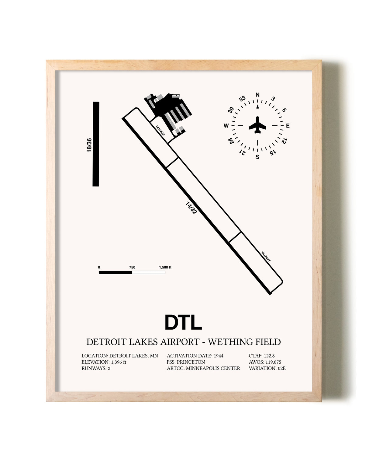 Detroit Lakes Airport-Wething Field framed wall art in white frame