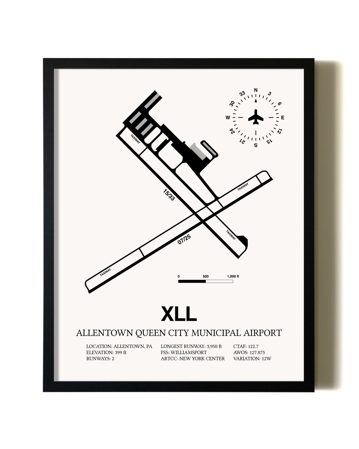 Framed Allentown Queen City Municipal Airport wall art poster in black frame