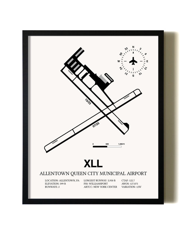 Framed Allentown Queen City Municipal Airport wall art poster in black frame