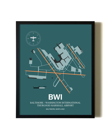 Green Baltimore/Washington International Thurgood Marshall Airport aviation wall décor in black wood frame