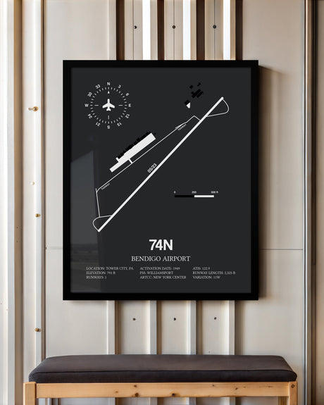 Framed Detailed Airport Map of Bendigo Airport (74N) in Gray with a Black Frame