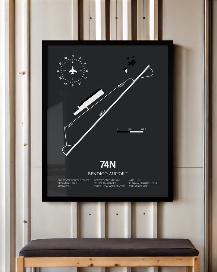 Framed Detailed Airport Map of Bendigo Airport (74N) in Gray with a Black Frame