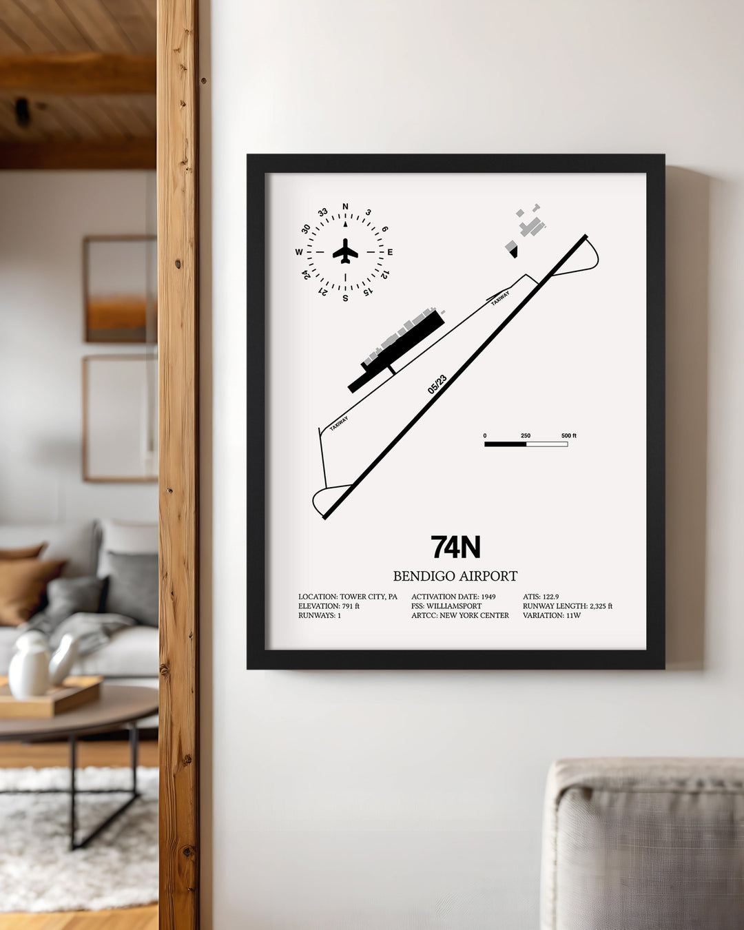 Framed Detailed Airport Map of Bendigo Airport (74N) in White with a Black Frame