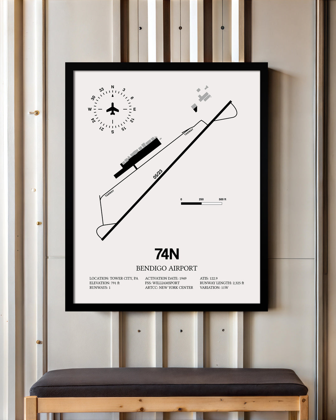 Framed Detailed Airport Map of Bendigo Airport (74N) in White with a Black Frame