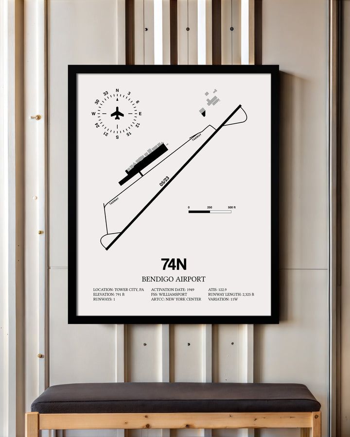 Framed Detailed Airport Map of Bendigo Airport (74N) in White with a Black Frame