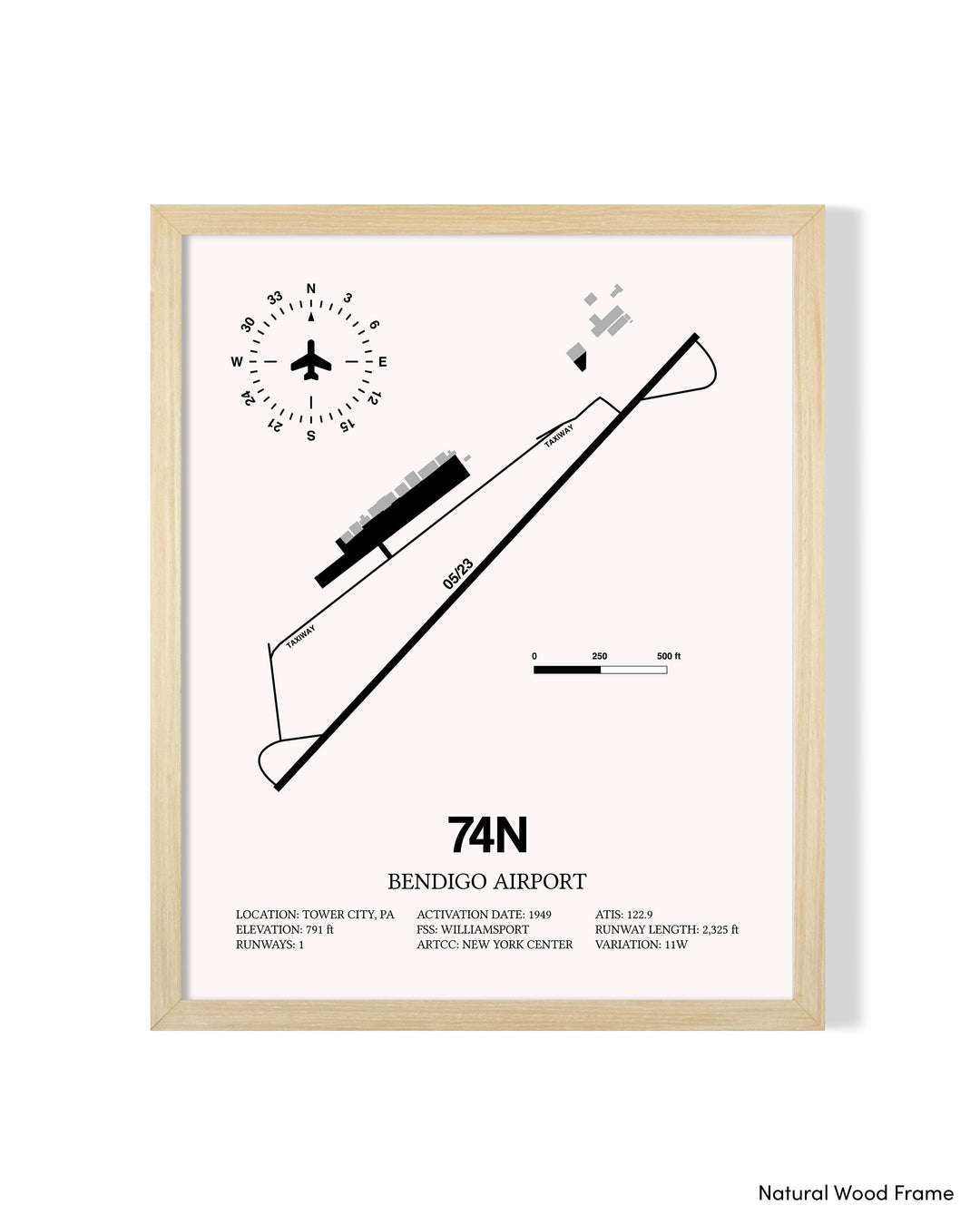 Detailed Airport Map of Bendigo Airport (74N) in White with a Natural Frame