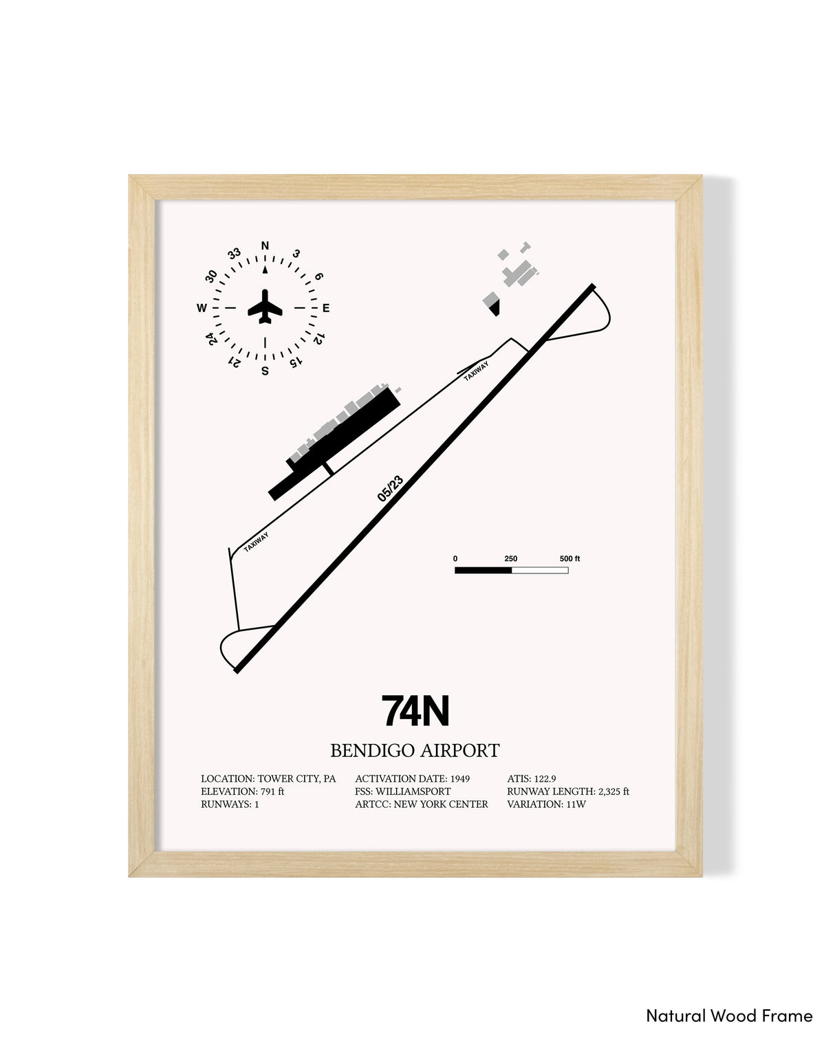 Detailed Airport Map of Bendigo Airport (74N) in White with a Natural Frame