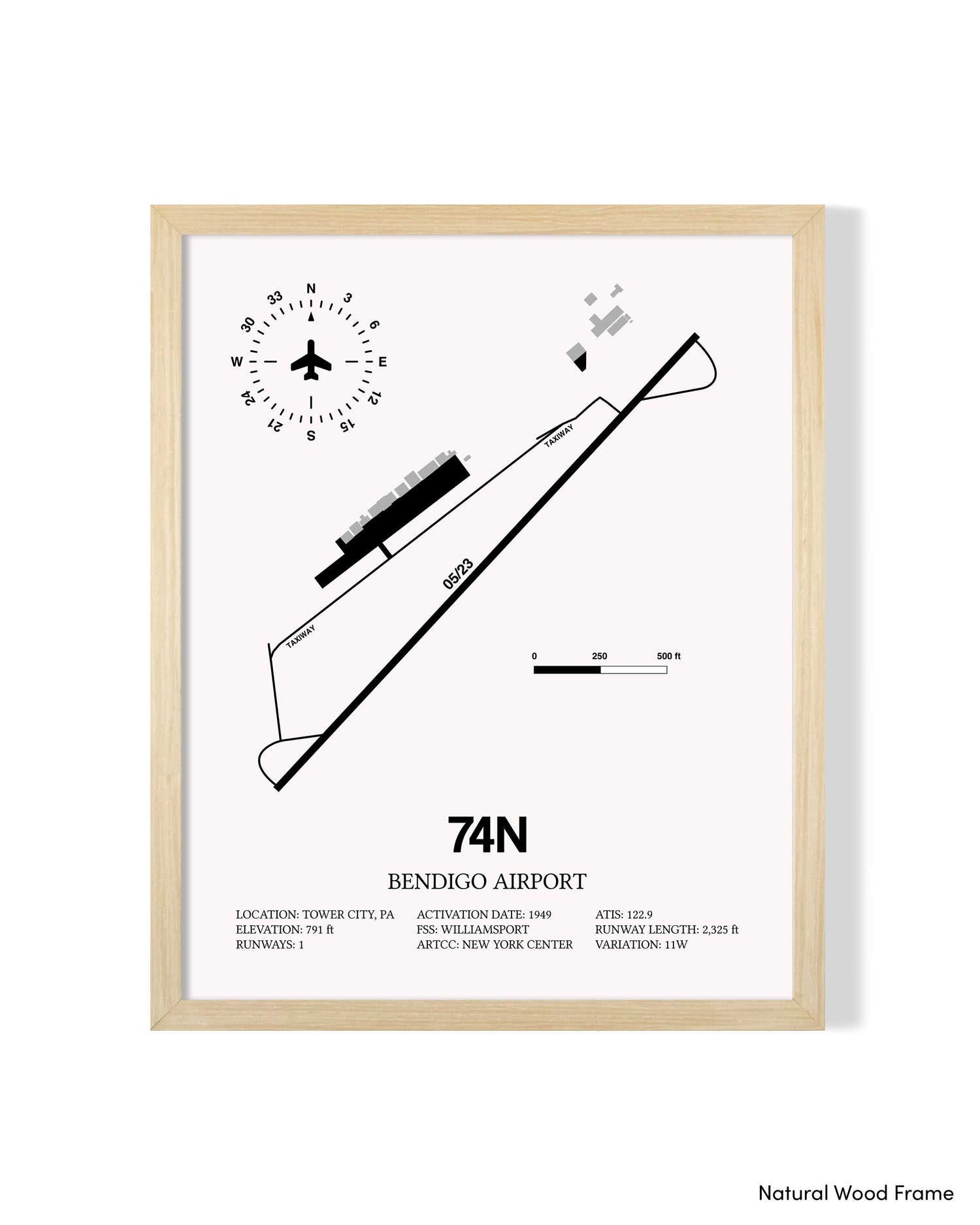 Detailed Airport Map of Bendigo Airport (74N) in White with a Natural Frame