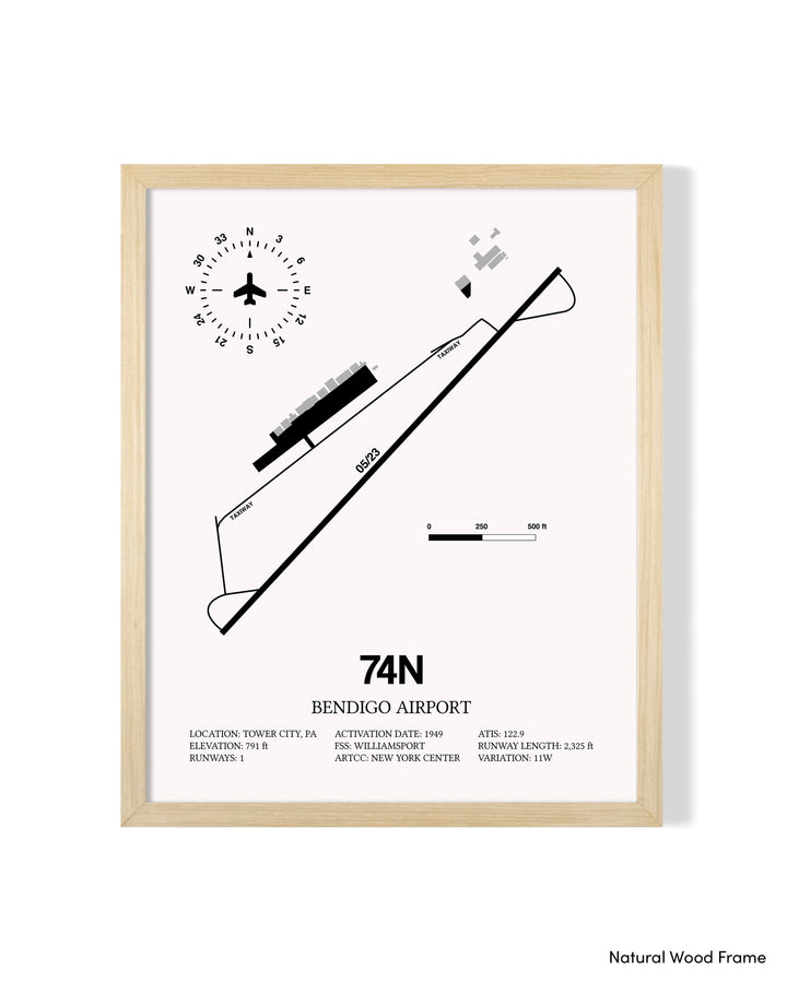 Detailed Airport Map of Bendigo Airport (74N) in White with a Natural Frame