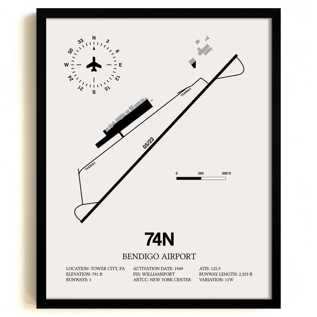Framed Detailed Airport Map of Bendigo Airport (74N) in White with a Black Frame