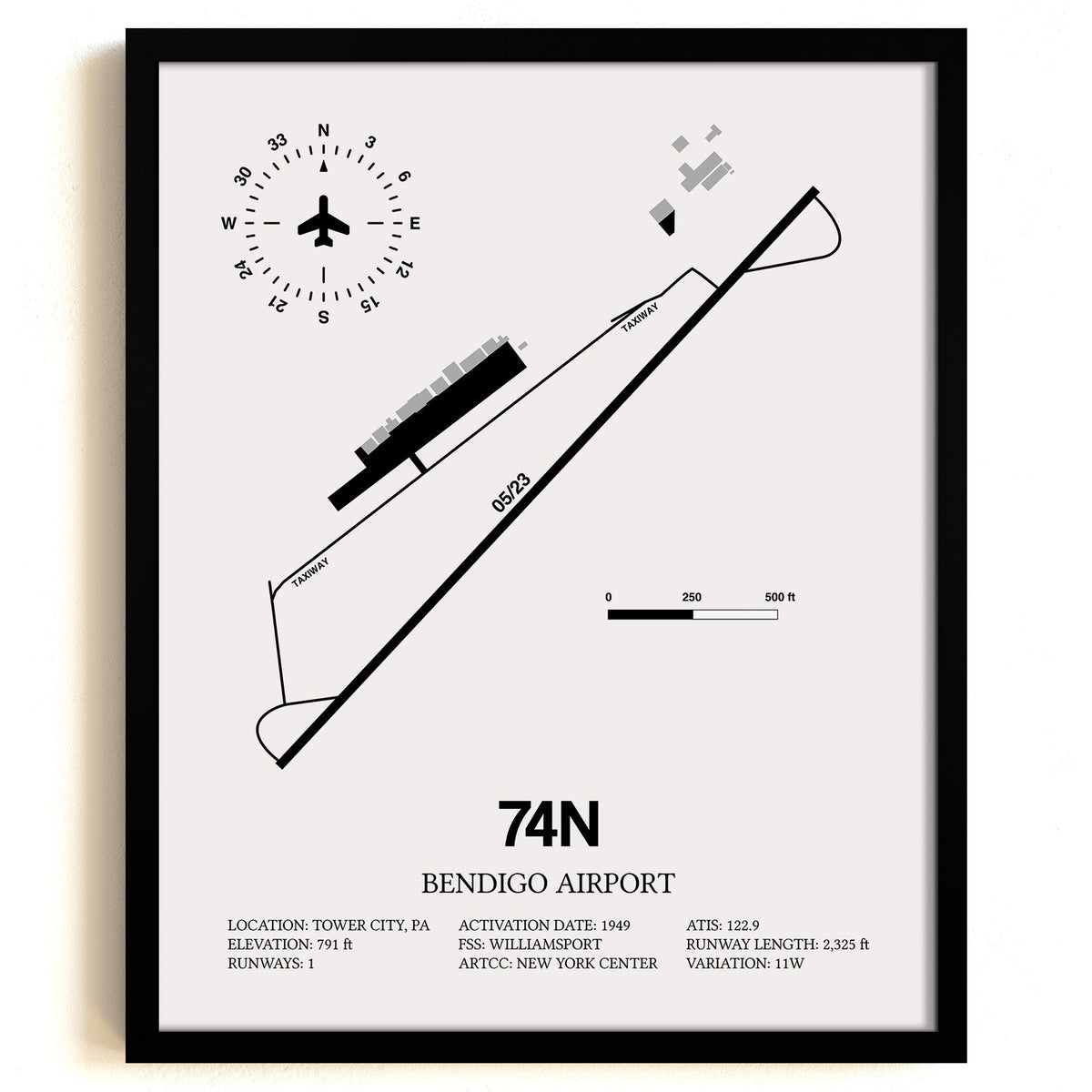 Framed Detailed Airport Map of Bendigo Airport (74N) in White with a Black Frame