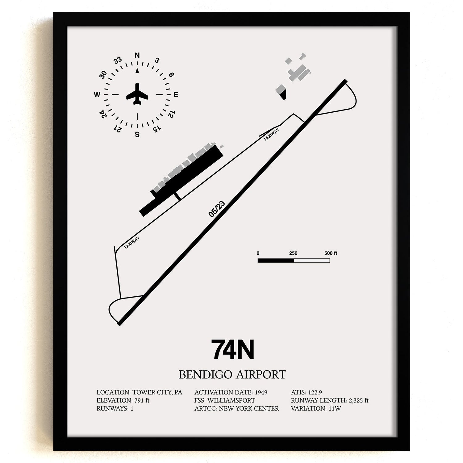 Framed Detailed Airport Map of Bendigo Airport (74N) in White with a Black Frame