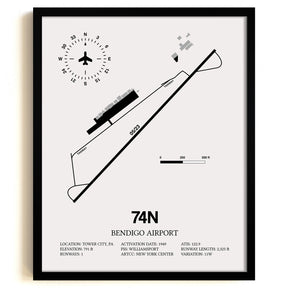 Framed Detailed Airport Map of Bendigo Airport (74N) in White with a Black Frame