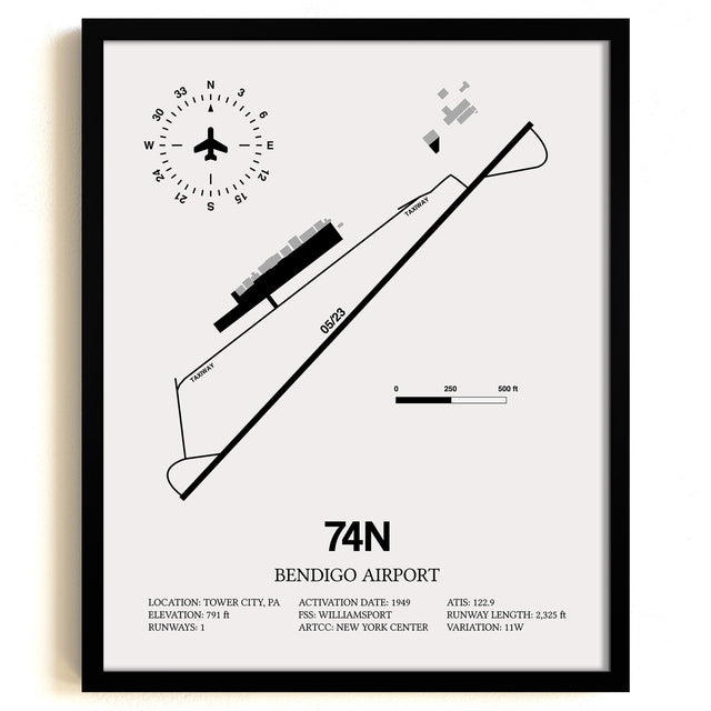 Framed Detailed Airport Map of Bendigo Airport (74N) in White with a Black Frame