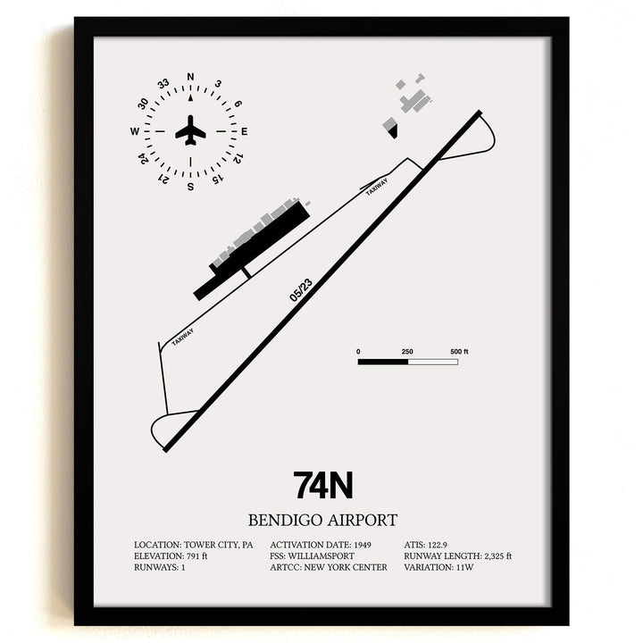 Framed Detailed Airport Map of Bendigo Airport (74N) in White with a Black Frame
