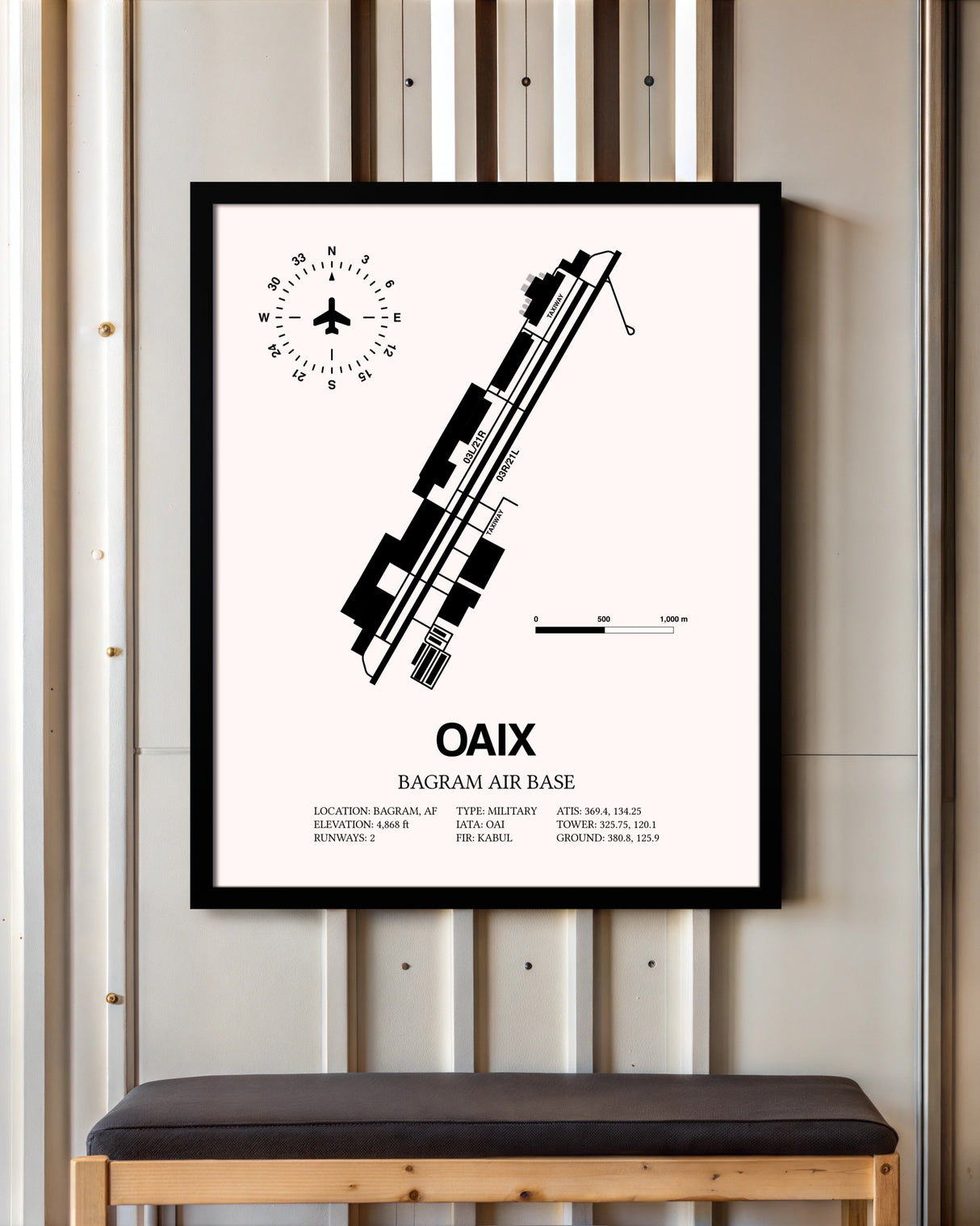 Bagram Air Base framed poster displayed in an airplane hangar