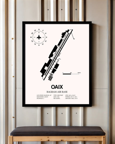 Bagram Air Base framed poster displayed in an airplane hangar
