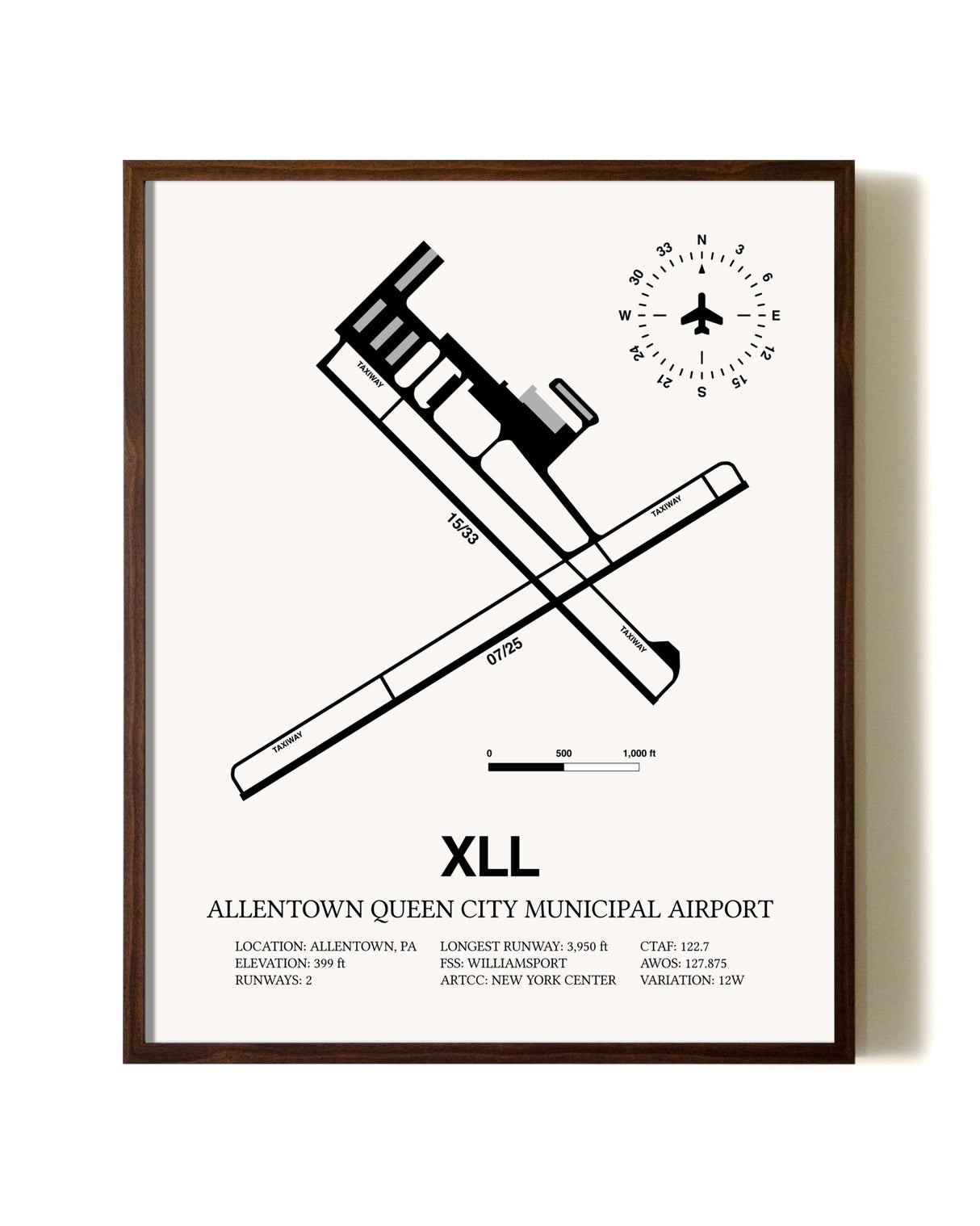 Allentown Queen City Municipal Airport aviation print in walnut frame