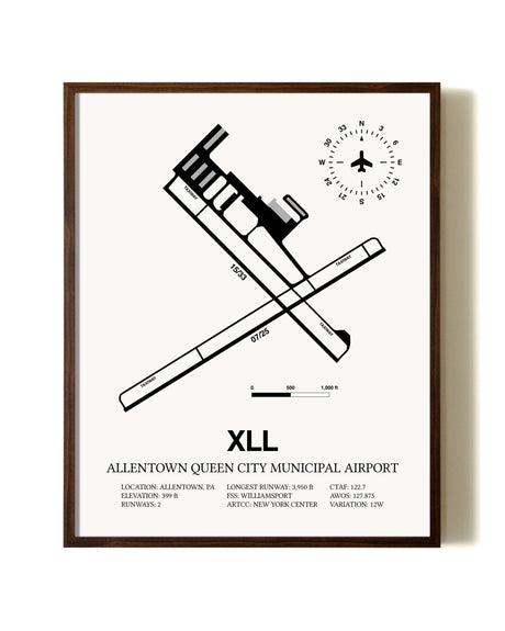 Allentown Queen City Municipal Airport aviation print in walnut frame