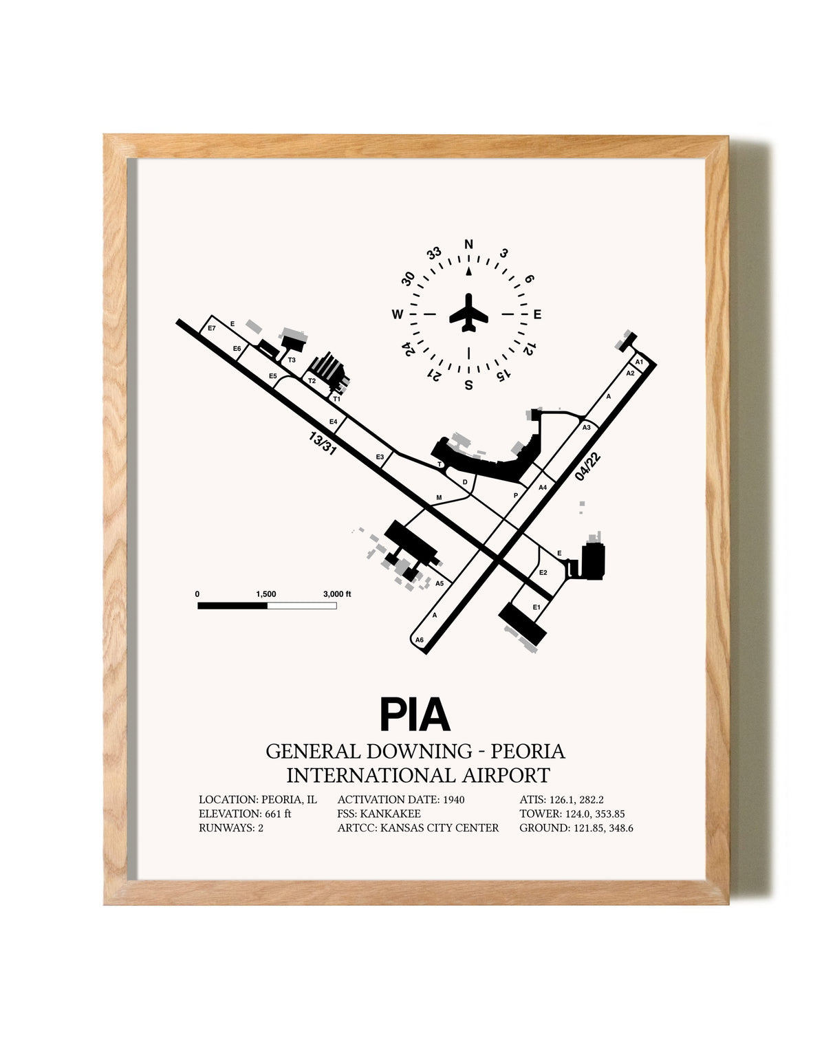 General Downing-Peoria International Airport framed print in natural wood frame