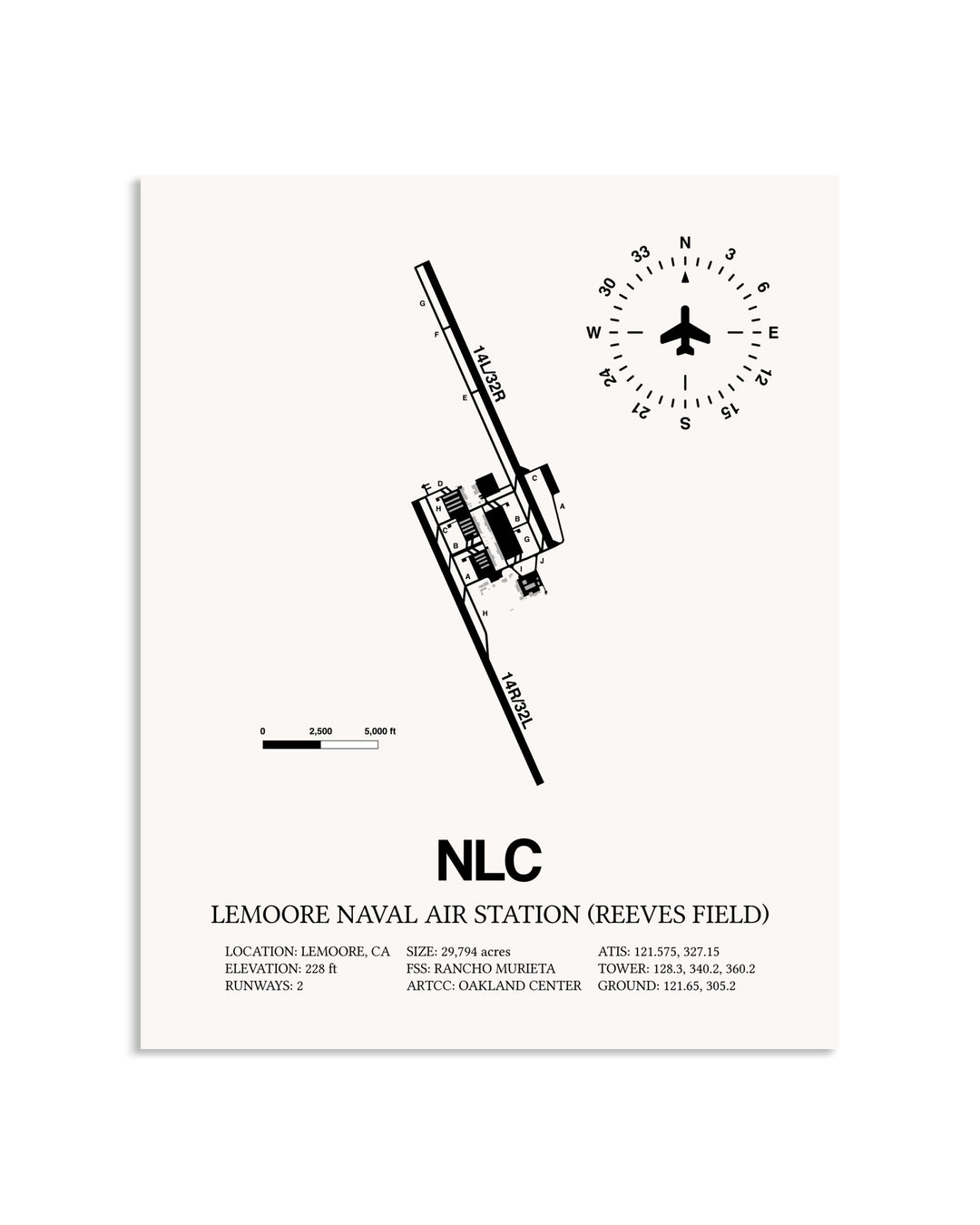 Gray Lemoore Naval Air Station (Reeves Field) framed poster displayed in an airplane hangar
