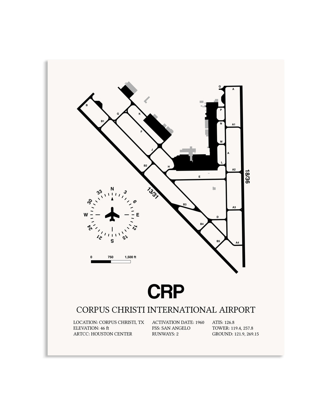 Gray Corpus Christi International Airport framed poster displayed in an airplane hangar