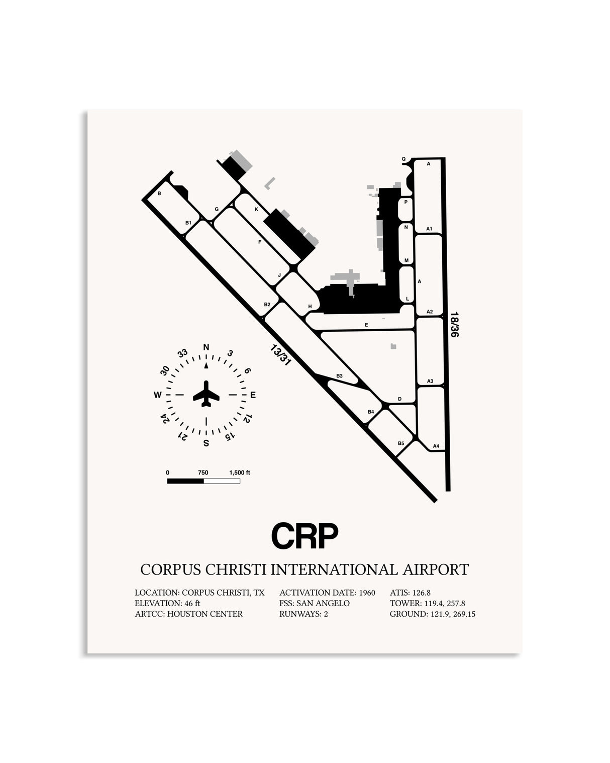 Gray Corpus Christi International Airport framed poster displayed in an airplane hangar