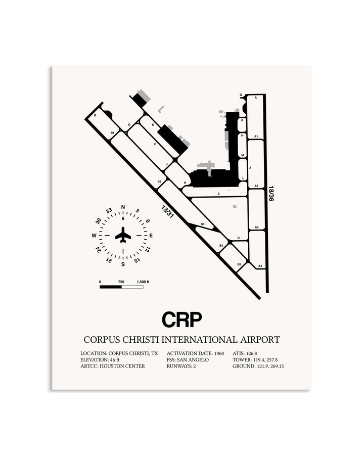 Gray Corpus Christi International Airport framed poster displayed in an airplane hangar