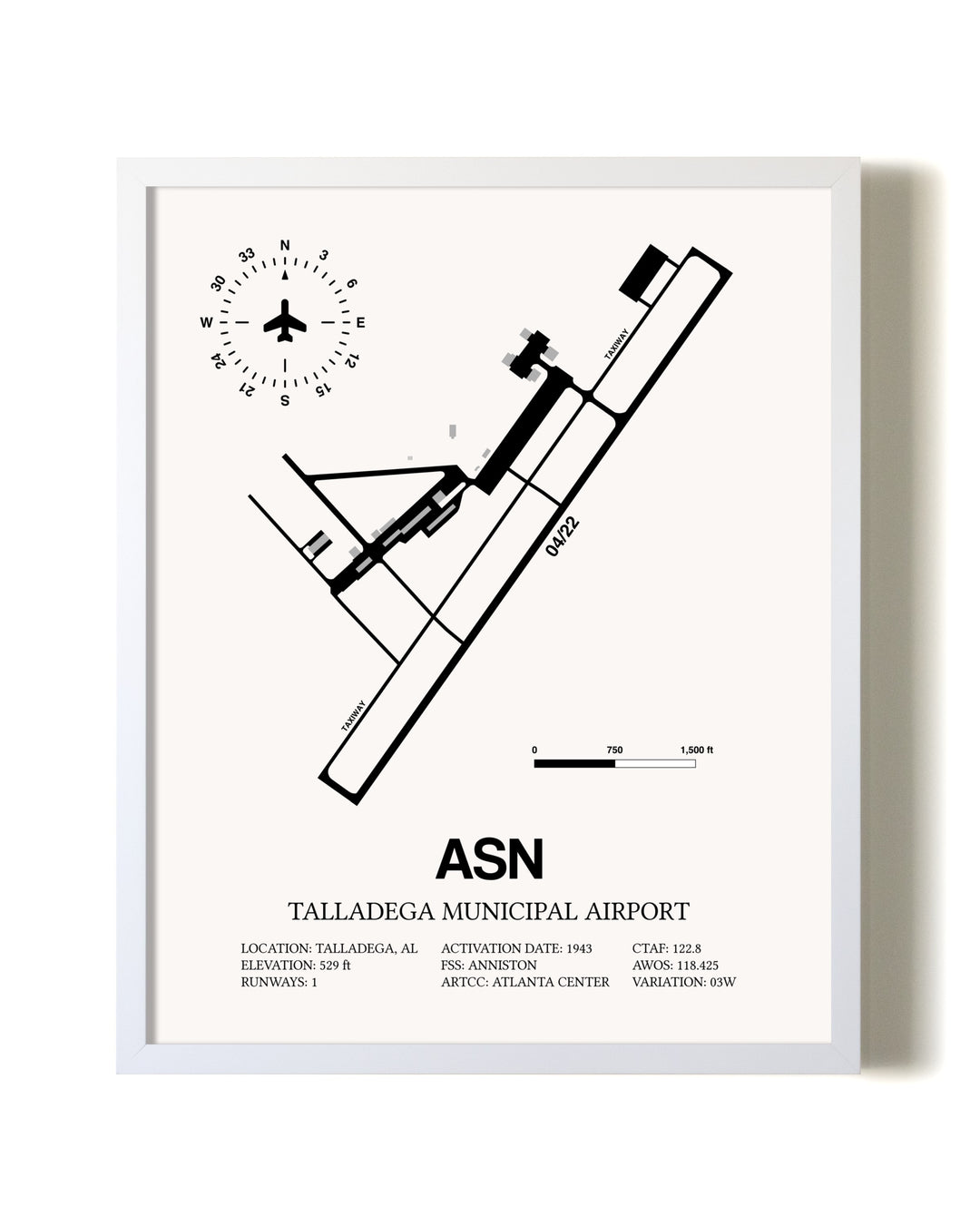 Talladega Municipal Airport airport map poster in oak frame