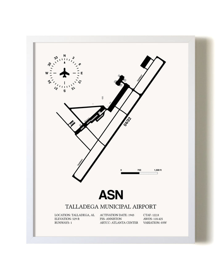 Talladega Municipal Airport airport map poster in oak frame