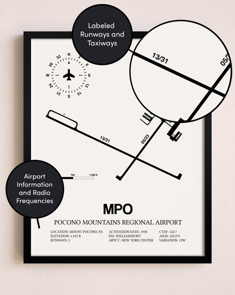Framed Pocono Mountains Regional Airport layout wall art poster