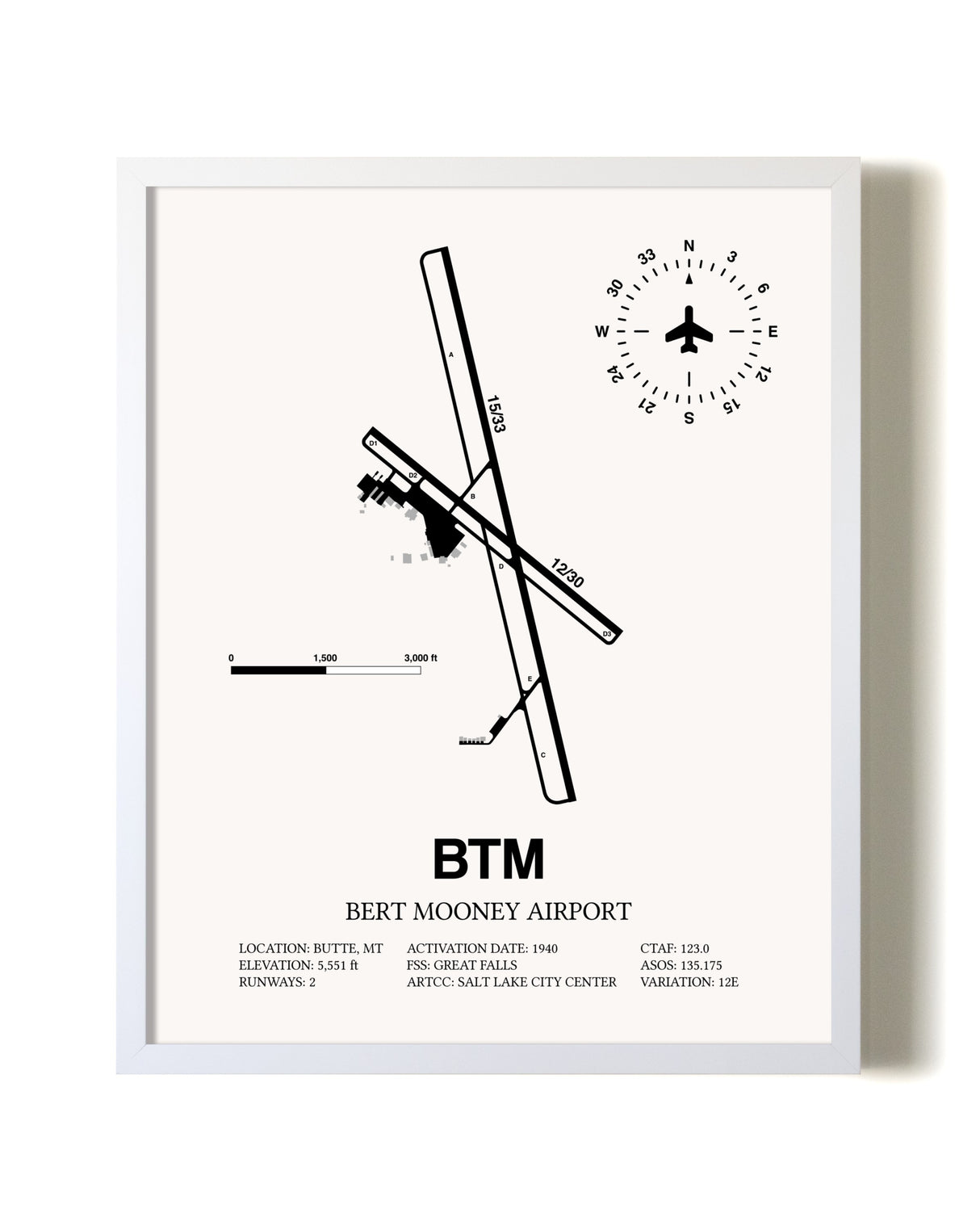 Bert Mooney Airport airport map poster in oak frame