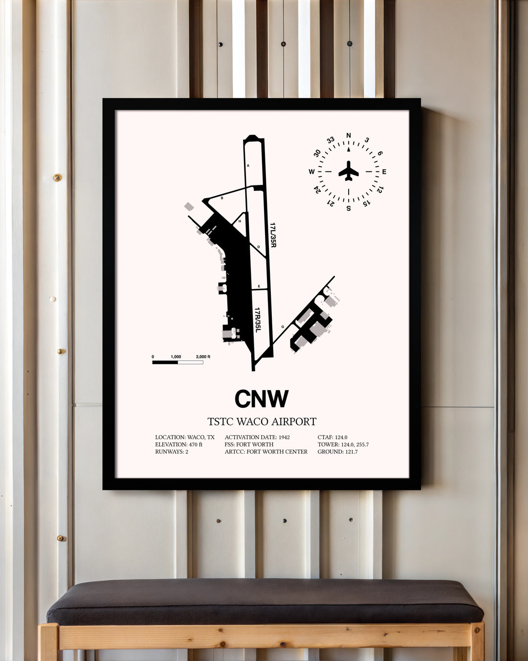 TSTC Waco Airport framed poster displayed in an airplane hangar