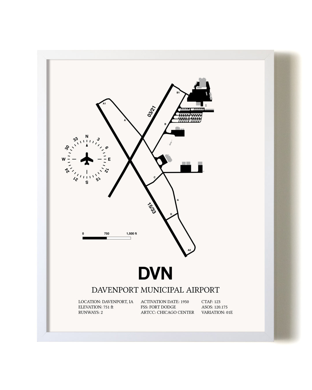 Davenport Municipal Airport airport map poster in oak frame
